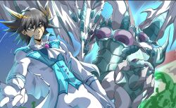  1boy black_hair blonde_hair blue_eyes blue_vest coat cowboy_shot facial_mark fudo_yusei gloves medium_hair multicolored_hair pants sharp_teeth spiky_hair stardust_dragon teeth two-tone_hair vest vincent_graphic_art white_coat white_gloves white_pants yellow_eyes yu-gi-oh! yu-gi-oh!_5d's 