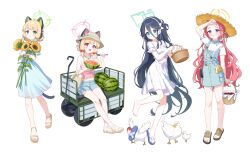  4girls absurdres alternate_costume animal_ear_headphones animal_ears aris_(blue_archive) barefoot basket bird blonde_hair blue_archive blue_bow blue_dress blue_eyes blue_sandals blue_shorts blunt_bangs blush bow breasts brown_hat cat_ear_headphones chicken closed_mouth dress egg fake_animal_ears flower food forehead fruit goose green_eyes hair_between_eyes hair_bow hairband halo hat headphones highres holding holding_basket holding_flower holding_food holding_fruit holding_spoon holding_watermelon long_hair looking_at_viewer medium_hair midori_(blue_archive) midriff momoi_(blue_archive) multiple_girls one_side_up open_mouth pink_bow pink_eyes pink_tank_top red_hair sandals shirt short_shorts short_sleeves shorts sidelocks sitting skirt smile spoon straw_hat sunflower supersugar sweatdrop tank_top toes tomato utility_wagon violet_eyes watermelon white_background white_dress white_hairband white_sandals white_shirt yellow_sandals yuzu_(blue_archive) 