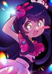  1girl blush_stickers dress frills gloves hair_between_eyes hair_ornament heart highres hoshino_ai idol idol_clothes long_hair long_sidelocks looking_at_viewer marikyuunn open_mouth oshi_no_ko pink_dress pink_gloves purple_hair rabbit_hair_ornament ribbon sidelocks single_blush_sticker smile solo star-shaped_pupils star_(symbol) symbol-shaped_pupils upper_body v violet_eyes 