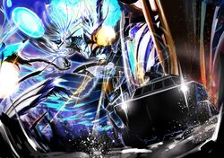  152_in_can 1girl absurdres alien armor battle black_armor car driving faceless fate/grand_order fate_(series) giant giant_monster glowing highres holding holding_shield horns huge_horns kaiju lord_camelot_(fate) mash_kyrielight mash_kyrielight_(ortenaus) monster motor_vehicle on_vehicle ort_(fate) shield tendril 