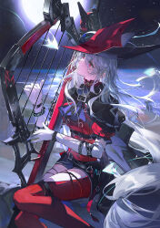  1girl absurdres alternate_costume arknights beach clothing_cutout daier fish gloves grey_hair hair_between_eyes harp hat highres holding instrument leggings long_hair night night_sky pointy_hat red_eyes red_leggings skadi_(arknights) skadi_the_corrupting_heart_(arknights) sky solo very_long_hair white_hair 