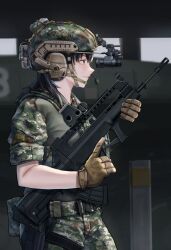  1girl absurdres assault_rifle black_hair brown_eyes brown_gloves bullpup camouflage camouflage_helmet camouflage_pants chinese_commentary closed_mouth commentary_request from_side girls_frontline gloves gun headphones highres holding holding_gun holding_weapon hongsir indoors military military_combat_uniform military_fatigues military_uniform pants people's_liberation_army people's_liberation_army_ground_force pouch qbz-95 rifle sleeves_rolled_up smile solo standing trigger_discipline type_95_(girls'_frontline) weapon 