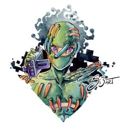  1boy bodysuit camera gloves green_bodysuit green_gloves green_mask holding holding_camera jojo_no_kimyou_na_bouken looking_at_viewer male_focus mask mask_on_head mouth_mask oasis_(stand) seams secco si3art solo stand_(jojo) vento_aureo video_camera violet_eyes 