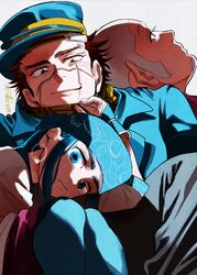  1girl 2boys ainu asirpa blue_eyes blue_headband blue_jacket brown_eyes brown_hair buzz_cut closed_mouth commentary_request dctroo_08 earrings facial_hair goatee golden_kamuy hat headband highres hoop_earrings jacket jewelry looking_at_viewer looking_up military_hat multiple_boys scar scar_on_face scarf shiraishi_yoshitake short_hair sideburns sidelocks smile spiky_hair straight_hair sugimoto_saichi very_short_hair 