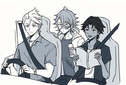  3boys alternate_costume antenna_hair book bunet_(fire_emblem) dark-skinned_male dark_skin driving fire_emblem fire_emblem_engage fogado_(fire_emblem) greyscale hair_between_eyes holding holding_book messy_hair monochrome multiple_boys oda32t pandreo_(fire_emblem) seatbelt 