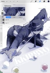  1boy ball billiard_ball billiards black_jacket black_necktie black_pants chance_(forsaken) cue_stick forsaken_(roblox) grin hat headphones highres jacket kirbo long_sleeves necktie pants pool_table roblox shirt smile solo suit sunglasses table white_shirt 