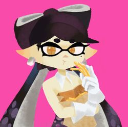  +_+ callie_(splatoon) eating fast_food food french_fries highres holding holding_food inkling looking_at_viewer mole mole_under_eye pointy_ears splatoon_(series) splatoon_2 tentacle_hair twintails user_xjgp7744 