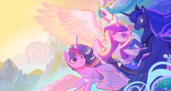  absurdres animal animal_focus aqua_eyes blue_eyeshadow blue_hair chinese_commentary colorful commentary_request eyeshadow flying highres hooves in-universe_location jewelry long_hair makeup multicolored_hair my_little_pony my_little_pony:_friendship_is_magic necklace no_humans outdoors pony_(animal) princess princess_cadance princess_celestia princess_luna purple_hair shiqiuzhu siblings sisters tiara twilight_sparkle unicorn very_long_hair violet_eyes winged_unicorn wings 