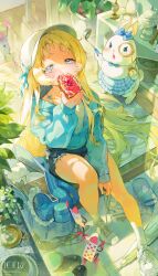  1girl absurdres angry animal_ears apron artist_logo artist_name bag bare_legs baseball_cap ben-day_dots between_legs blonde_hair blue_apron blue_bow blue_eyes blue_jacket blue_ribbon blue_shorts blush book bow bread bread_slice camisole card creature cup denim denim_shorts dot_nose dotori_(seulseul) eating english_commentary flower food food_on_face frilled_apron frills gingham_apron half-closed_eyes hand_between_legs hand_up hat highres holding holding_food holding_ladle holding_pocket_watch indoors jacket ladle logo long_hair long_sleeves looking_up monocle original partially_open_jacket plant playing_card pocket_watch potted_plant rabbit rabbit_ears raised_eyebrows ribbon screentones shoes short_shorts shorts sitting socks standing straight_hair teacup teapot tearing_up toast twitter_username untied_shoelaces very_long_hair watch white_camisole white_hat white_shoes white_socks 