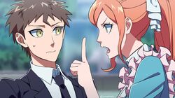  1boy 1girl :o black_necktie brown_hair collared_shirt danganronpa_(series) danganronpa_v3:_killing_harmony dress eye_contact from_side green_dress hair_ribbon hinata_hajime index_finger_raised jampdrooze light_brown_hair long_sleeves looking_at_another necktie ponytail ribbon shirt short_hair sweatdrop teeth upper_teeth_only white_ribbon white_shirt yukizome_chisa 