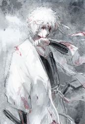  1boy absurdres armor blood blood_on_clothes blood_on_face blood_on_hands gintama haori headband highres japanese_armor japanese_clothes katana lushu_kuye male_focus official_alternate_costume red_eyes sakata_gintoki sheath solo spot_color sword weapon white_hair white_headband wiping_face 