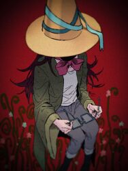  1girl adventure_time betty_grof commentary covered_face hat holding holding_removed_eyewear long_hair pointy_hat raya_(uk_0128) rectangular_eyewear red_background solo unworn_eyewear yellow_hat 