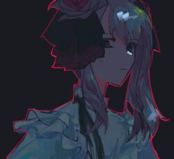  1other akiyama_mizuki bow closed_mouth dress expressionless flower frills hair_flower hair_ornament hair_ribbon highres keikyoku_no_machi_wa_doko_e_(project_sekai) long_hair long_sleeves looking_at_viewer nanami_77m official_alternate_costume pink_eyes pink_hair project_sekai ribbon shirt side_ponytail sidelocks simple_background solo upper_body white_dress 