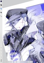  1boy black_eyes black_gloves black_hat blood blood_from_mouth blue_hair closed_mouth forsaken_(roblox) gloves guest_1337_(roblox) hand_up hat highres kirbo looking_at_viewer male_focus military_hat military_uniform roblox scar scar_on_face solo white_background 