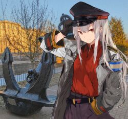  1girl absurdres adjusting_clothes adjusting_headwear anchor armband belt black_belt black_gloves black_hat closed_mouth coat commentary_request gangut_(kancolle) gloves hand_up hat highres kantai_collection koshka_pic long_hair long_sleeves looking_at_viewer open_clothes open_coat orange_eyes pants peaked_cap photo_background real_world_location red_shirt russia saint_petersburg shirt shirt_tucked_in shoulder_boards smile solo upper_body white_coat white_hair 