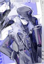  1boy belt black_belt black_coat black_eyes black_gloves blue_hair buttons coat cowboy_shot double-breasted epaulettes forsaken_(roblox) fur_collar gloves guest_1337_(roblox) highres kirbo long_sleeves looking_at_viewer multiple_views open_mouth roblox 