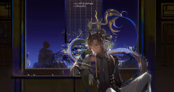  1boy architecture arknights armpit_cutout bamboo_screen blue_hair board_game brown_eyes brown_hair brown_robe chinese_clothes chinese_commentary closed_mouth clothing_cutout colored_extremities curtained_hair dragon_boy dragon_bubble_(arknights) dragon_horns dragon_tail earrings east_asian_architecture eastern_dragon_horns eastern_dragon_tail elbow_rest feet_out_of_frame go_(board_game) hand_up highres horns ikag indoors jewelry ji_(arknights) long_hair long_sleeves looking_at_object looking_outside looking_to_the_side male_focus mole mole_under_eye multicolored_hair night pants plant pointy_ears robe rockery sitting solo streaked_hair table tail topknot white_pants window 