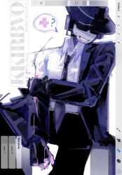  1boy black_gloves black_hat black_headphones black_jacket black_necktie black_pants blood chance_(forsaken) collared_shirt colored_skin cross forsaken_(roblox) gloves grey_skin hat highres injury jacket kirbo lapels necktie notched_lapels pants red_cross roblox shirt simple_background sitting solo speech_bubble white_background white_shirt 