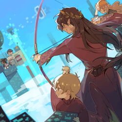  1girl 6+boys animification bird_boy bird_wings block_(minecraft) bow_(weapon) brown_hair character_request chibi coat colored_skin cubfan135 docm77 dual_persona explosive goodtimeswithscar goodtimeswithscar_(elvish) green_skin grian_(youtuber) hard_hat helmet hermitcraft holding holding_block holding_bow_(weapon) holding_weapon horns long_hair luminous_slime male_focus minecraft minecraft_youtube mini_person miniboy multiple_boys official_alternate_costume on_head outdoors pearlescentmoon pearlescentmoon_(cleaning_lady) person_on_head red_coat red_sweater short_hair sky smile sweater tnt tnt_block_(minecraft) turtleneck turtleneck_sweater weapon wings 