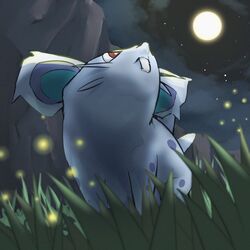  absurdres bright_pupils cliff commentary_request from_below grass highres looking_up moon nidoran nidoran_(female) night no_humans outdoors pokemon pokemon_(creature) red_eyes sky solo spicyichizo white_pupils 