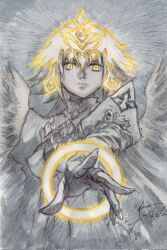  1girl blonde_hair dominic_ian_cabatit fate/grand_order fate_(series) glowing headpiece highres jeanne_d&#039;arc_(fate) long_hair long_sleeves looking_at_viewer shirt solo spot_color upper_body wings yellow_eyes 