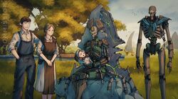  1boy 2girls 2others armor baby bench blue_scarf carl_tabora commission deer fanfiction_available father_and_daughter grass green_eyes hat highres holding_baby husband_and_wife looking_at_another mother_and_daughter multiple_girls multiple_others necron park park_bench pauldrons robot scarf shoulder_armor sitting_on_throne smile suspenders throne warhammer_40k 