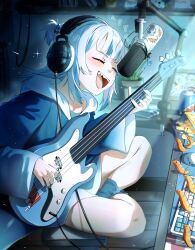  1girl bag_of_chips bass_guitar bloop_(gawr_gura) blue_hair blue_hoodie blue_nails blue_socks blunt_bangs blush bubba_(watson_amelia) closed_eyes commentary computer_keyboard computer_mouse ebi-chan_(gawr_gura) eighth_note english_commentary fingernails fins fish_tail flower_pot gawr_gura gawr_gura_(1st_costume) grey_hair hair_ornament headphones highres holding holding_instrument hololive hololive_english hood hoodie indian_style indoors instrument long_hair long_sleeves microphone multicolored_hair music musical_note nail_polish open_mouth photo_(object) picture_frame plant playing_instrument potted_plant shark_girl shark_hair_ornament shark_tail sharp_teeth singing sitting socks solo sparkle streaked_hair tail takodachi_(ninomae_ina&#039;nis) teeth twitter_username two-tone_hair virtual_youtuber waligner watson_amelia white_hoodie wide_sleeves 