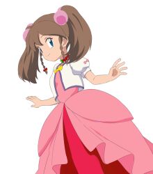  1girl bow bowtie braid breasts brown_hair choker closed_mouth dress floating_hair long_hair looking_at_viewer may_(pokemon) pink_dress pokemon pokemon_(anime) red_choker short_sleeves simple_background sincos small_breasts smile solo standing twin_braids twintails white_background yellow_bow yellow_bowtie 