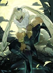  1boy animal_ears arm_on_knee backlighting belt black_boots black_pants blonde_hair body_fur boots brown_fur chinese_commentary clouds commentary_request digimon digimon_(creature) full_moon furry furry_male gloves highres knee_up looking_at_viewer magiace male_focus moon multicolored_fur navel neck_fur night on_roof outdoors pants pointy_ears rabbit_boy rabbit_ears rabbit_tail red_eyes short_hair short_tail sitting snout solo stomach symbareangoramon tail topless_male white_fur yellow_fur yellow_gloves yellow_moon 