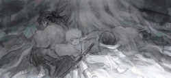  3boys absurdres book closed_eyes gintama greyscale highres japanese_clothes katsura_kotarou kimono lushu_kuye lying male_focus messy_hair monochrome multiple_boys on_back on_side ponytail sakata_gintoki sheath takasugi_shinsuke zora 