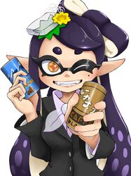  1girl business_suit callie_(splatoon) drink holding holding_drink long_hair looking_at_viewer official_alternate_costume one_eye_closed sheoknight simple_background smile solo splatoon_(series) splatoon_3 suit 