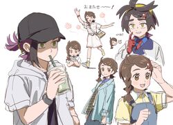  1boy 1girl 314pic ahoge alternate_costume black_hair blue_shirt braid brown_eyes brown_hair closed_mouth collared_dress cup disposable_cup dress drinking drinking_straw flower_(symbol) gloves hair_ornament hairclip hat highres holding holding_cup hood hood_down jacket juliana_(pokemon) kieran_(pokemon) mole mole_on_neck multicolored_hair multiple_views pokemon pokemon_sv purple_hair red_gloves shirt shoes short_sleeves smile socks two-tone_hair waving white_background white_dress white_jacket white_socks x_hair_ornament yellow_eyes yellow_footwear 