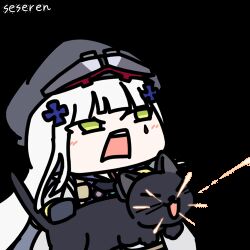  1girl animated animated_gif artist_name black_cat cat chibi chibi_only chinese_commentary clukay_(neural_cloud) firing girls&#039;_frontline_neural_cloud girls_frontline green_eyes grey_hair hat hk416_(girls&#039;_frontline) laser_cats_(meme) lowres meme open_mouth projectile_trail seseren solo teardrop_facial_mark unconventional_gun 