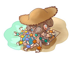  1girl :d beach blue_eyes blue_shorts bracelet brown_hair brown_hat card chibi fishnet_dress full_body hat highres holding holding_star jewelry kneeling marcus_(on_the_white_sand)_(reverse:1999) marcus_(reverse:1999) nijiiro_diary official_alternate_costume reverse:1999 sand shell shorts smile solo star_(symbol) starfish straw_hat very_low_bun water white_background 