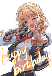  1girl ;d blonde_hair braid can142857 commentary_request detached_collar fang fingernails foreshortening fujita_kotone gakuen_idolmaster happy_birthday head_tilt highres holding holding_microphone idolmaster jacket letterman_jacket long_hair looking_at_viewer microphone navel necktie official_alternate_costume one_eye_closed red_necktie simple_background skin_fang smile solo sports_bra stomach twin_braids v white_background white_sports_bra yellow_eyes 