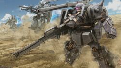  absurdres advance_of_zeta artist_request assault_rifle battle beam_cannon blue_sky clouds copyright_logo debris desert dirty dust_cloud energy_gun ewac_zack gun gundam gundam_battle_operation_2 gundam_unicorn highres hizack hizack_cannon hizack_custom machine_gun machinery mecha mecha_focus mobile_suit no_humans official_art one-eyed radome realistic rifle robot science_fiction shoulder_cannon shoulder_spikes sky spikes sunrise_(company) titans_(gundam) weapon 