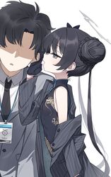  1boy 1girl black_dress black_gloves black_hair black_necktie blue_archive breasts china_dress chinese_clothes coat commentary_request dragon_print dress faceless faceless_male gloves grey_coat grey_eyes hair_bun halo highres id_card kisaki_(blue_archive) long_hair necktie open_clothes open_coat open_mouth profile sensei_(blue_archive) sensei_(blue_archive_the_animation) shaded_face simple_background single_bare_shoulder single_hair_bun sleeveless sleeveless_dress small_breasts striped_coat upper_body vertical-striped_coat wagashi928 whispering white_background 