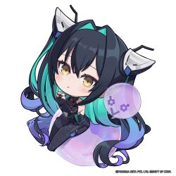  1girl aqua_hair black_bodysuit black_hair black_nails bodysuit bubble chibi commentary crossed_bangs english_commentary full_body goddess_of_victory:_nikke gradient_hair hair_between_eyes hair_intakes hand_up headgear highres little_mermaid_(nikke) long_hair looking_at_viewer multicolored_hair nail_polish no_feet no_nose official_art parted_lips purple_hair sitting solo totatokeke very_long_hair yellow_eyes 