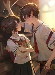  1boy 1girl backpack bag black_skirt book brown_eyes brown_hair cardcaptor_sakura chyoel closed_mouth couple cowboy_shot eye_contact face-to-face green_eyes hair_intakes height_difference hetero highres holding holding_book indoors kabedon kinomoto_sakura li_syaoran library looking_at_another parted_lips pleated_skirt puffy_short_sleeves puffy_sleeves randoseru school_uniform shirt short_hair short_sleeves skirt tomoeda_elementary_school_uniform white_shirt 