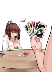  1girl 1other anger_vein blush breasts bright_pupils brown_eyes brown_hair card english_text hair_ornament hairclip highres holding holding_card hood hood_down hoodie large_breasts liz_(nin_fake) long_hair meme nin_fake open_mouth original out_of_frame playing_card playing_games ponytail red_eyes simple_background smile smug solo_focus table uno_(game) white_background white_hoodie 