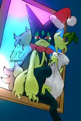  1other animal_hands animal_nose bag blue_background cape claws closed_mouth full_body furry green_fur green_hair half-closed_eyes hat highres holding holding_bag looking_at_viewer mask meowscarada negoto_o0zz other_focus pokemon pokemon_(creature) red_eyes santa_hat short_hair short_tail simple_background solo tail two-tone_fur window 