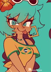  1girl absurdres bead_choker big_hair bikini bikini_under_clothes blue_eyes blue_hair borrowed_design brazil brazilian_flag brazilian_flag_print brazilian_miku crop_top cropped_shirt dark-skinned_female dark_skin earrings eyewear_on_head flower gold_earrings hair_flower hair_ornament hatsune_miku highres jewelry long_eyelashes long_hair looking_at_viewer noninoinnoni off_shoulder print_shirt rectangular_earrings red_flower shirt short_sleeves side-tie_shirt smile solo sunglasses swimsuit t-shirt tan tanline_peek tanlines tongue tongue_out twintails upper_body v_arms vocaloid white-framed_eyewear yellow_shirt 