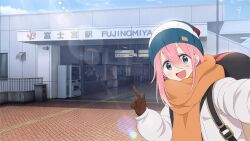  1girl :d arm_up backpack bag black_bag blue_eyes blue_hat blue_sky blush brown_gloves bulletin_board chain-link_fence clouds fare_gate fence finger_gun gloves hair_between_eyes hand_up hat highres index_finger_raised jacket kagamihara_nadeshiko knit_hat lens_flare light_rays long_hair long_sleeves looking_at_viewer official_art open_clothes open_jacket open_mouth orange_scarf outdoors outstretched_arms pink_hair reaching red_shirt scarf selfie shirt sign sky smile solo speaker sunbeam sunlight tactile_paving tile_floor tiles train_station trash_can upper_body v-shaped_eyebrows vending_machine white_jacket yurucamp 