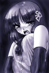   1girl 98-tan ahegao ascot bare_shoulders blush bob_cut dd_(ijigendd) evening_gloves gloves hairpin looking_at_viewer lower_teeth monochrome number_hair_ornament open_mouth os-tan small_breasts sweat sweatdrop tears upper_teeth