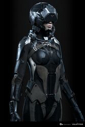  1girl 3d belt breasts caldari_state_(eve_online) commentary company_logo company_name copyright_name cowboy_shot dark_background dated eve:_valkyrie eve_online grey_background grey_theme helmet highres lips logo medium_breasts nose official_art photorealistic pilot pilot_helmet pilot_suit realistic science_fiction solo standing undoz valkyrie_(eve_online) 