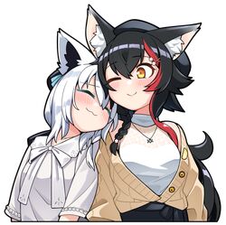  2girls :3 animal_ear_fluff animal_ears beret black_hair blush braid brown_cardigan cardigan closed_eyes commentary_request hair_between_eyes hat hololive jb_jagbung jewelry leaning_on_person long_hair multicolored_hair multiple_girls necklace one_eye_closed ookami_mio ookami_mio_(street) open_cardigan open_clothes orange_eyes redhead shirakami_fubuki shirakami_fubuki_(street) shirt single_braid smile streaked_hair transparent_background upper_body virtual_youtuber white_hair white_shirt 