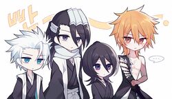 ... 1girl 3boys :/ arms_at_sides bankai black_eyes black_hair black_kimono bleach blush brown_eyes chain chibi chibi_only closed_mouth commentary_request cowboy_shot double-parted_bangs expressionless eyes_visible_through_hair frown g_ieep green_eyes hair_between_eyes hair_slicked_back haori hitsugaya_toushirou holding holding_sword holding_weapon japanese_clothes katana kimono korean_commentary kuchiki_byakuya kuchiki_rukia kurosaki_ichigo long_hair looking_at_viewer male_focus medium_hair multiple_boys orange_hair purple_eyes sanpaku shihakusho short_hair side-by-side simple_background sound_effects speech_bubble spiked_hair spoken_ellipsis sweatdrop sword taichou_haori tensa_zangetsu_(bankai) torn_clothes upper_body v-shaped_eyebrows weapon white_background white_hair