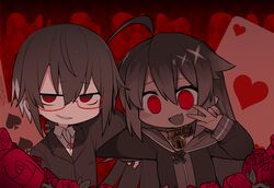  1boy 1girl :d ace_(playing_card) ace_of_hearts ahoge bell black_hair black_hoodie black_jacket card collar commentary_request dark-skinned_female dark_skin deformed dill_(kisaragi_kaya) fang flower glasses grey_hair hair_flaps hand_up heart hood hoodie jacket jewelry jingle_bell joker_(playing_card) kisaragi_kaya long_hair long_sleeves looking_at_viewer metal_collar neck_bell necklace original parted_lips playing_card red-framed_eyewear red_background red_eyes red_flower red_rose rose semi-rimless_eyewear sharp_teeth shirt short_hair skin_fang smile teeth under-rim_eyewear v w white_shirt yste 