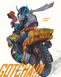  1boy black_bodysuit blue_helmet bodysuit english_text from_behind full_body goggles goggles_on_head gun helmet highres holding holding_gun holding_weapon kamen_rider kamen_rider_gotchard kamen_rider_gotchard_(series) male_focus motor_vehicle motorcycle obakelope0530 riding solo weapon 