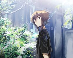  1boy black_shirt branch brown_eyes brown_hair building bush dappled_sunlight facing_to_the_side leaf looking_at_viewer moribuden outdoors photo_background shirt sunlight tree window yu-gi-oh! yu-gi-oh!_gx yuki_judai 